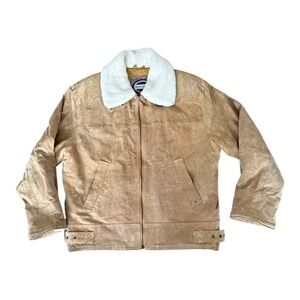 BAD LANDS Men's Suede Sherpa collar Lined Bomber Jacket Tan Large